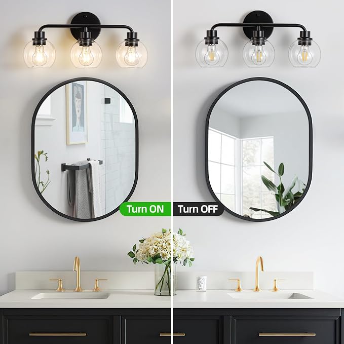 Bathroom Light Fixtures Black Vanity Light, 3 Light Modern Wall Sconces Lighting Bathroom Lights with Globe Clear Glass Shades, Bath Wall Lights Wall Lamp for Mirror Kitchen Living Room Hallway | Wall Sconces Lighting with Globe Clear Glass Shades, Bat...
