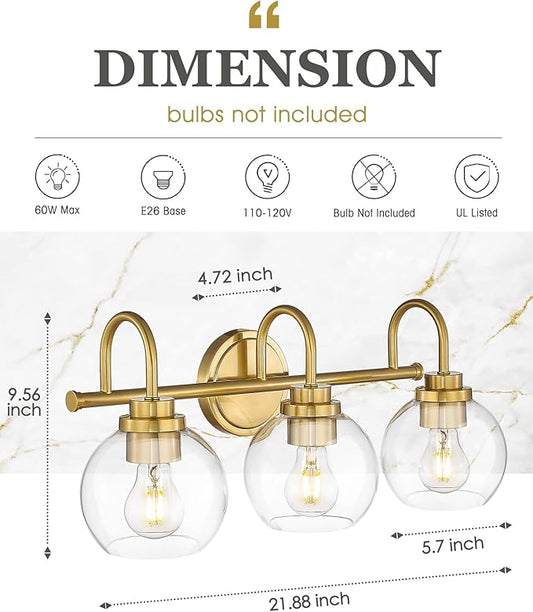 Bathroom Light Fixtures, 3-Light Brushed Gold Vanity Lights with Globe Clear Glass, Champagne Bronze Vanity Lighting Fixtures Over Mirror, AD-22280-3W-GD