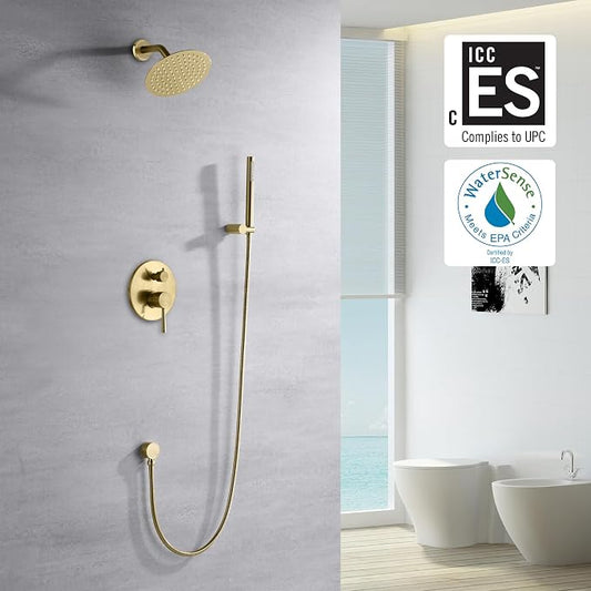 SUMERAIN Brushed Gold Shower Faucet System | with High Pressure 8 Inches Rain Shower Head and Brass Hand Shower, Rough-In Valve Body and Trim Included