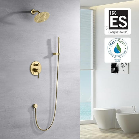 sumerain Brushed Gold Shower Faucet System with high pressure 8 Inches rain shower head and brass hand shower, Rough-In Valve Body and Trim Included