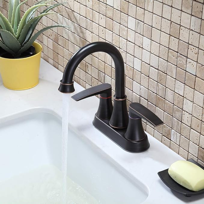 Lead-Free 2-Handle Oil Rubbed Bronze Bathroom Sink Faucet, 360° Swivel High-Arc Spout 4 Inch Centerset Bath Lavatory Vanity Faucets Set for Bathroom Sinks with Drain & Water Hoses, VABM80008H