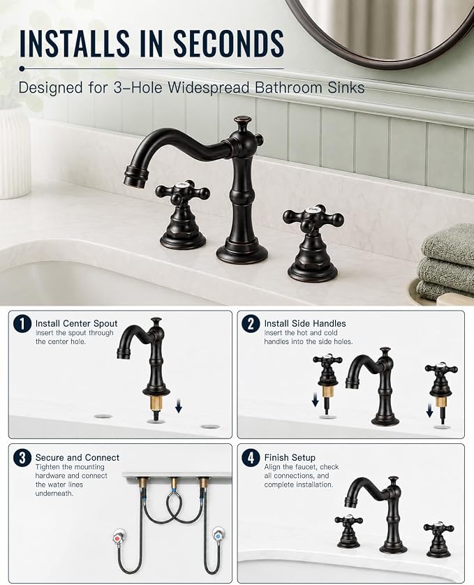 gotonovo Bathroom Faucet 3 Hole Vintage,Oil Rubbed Bronze,Script Font Label | Widespread Bathroom Sink Faucet 8 Inch 2 Cross Handles,Pop Up Drain,cUPC Supply Line,4-15.7” Install,for Vanity Farmhouse RV