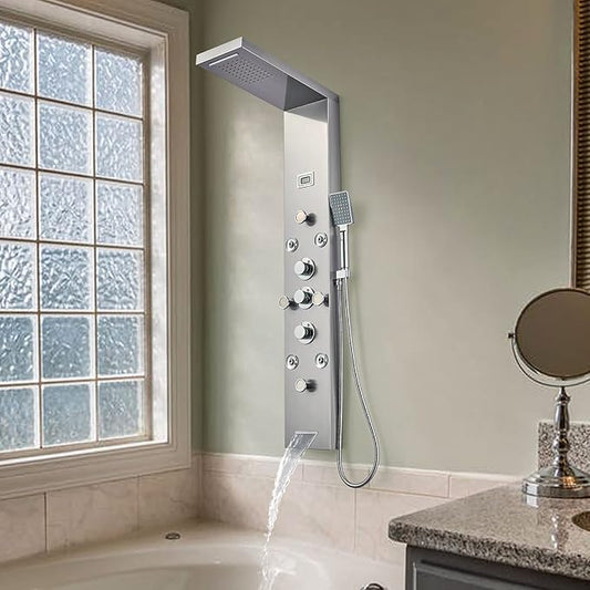 POPFLY LED Rainfall Waterfall Shower Panel Tower System, 4 Body Jets and 4 Mist Spray, 3-Function Handheld Shower, 304 Stainless Steel Shower Tower with Temp Display, Brushed