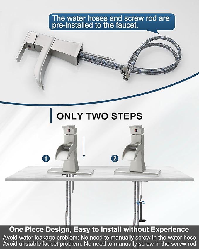 Waterfall Bathroom Sink Faucet, Brass Brushed Nickel Bathroom Faucet One Handle, 4 Inch Single Hole or 3 Holes with Pop-Up Drain, Supply Hoses & Deck Plate for Vanity Lavatory RV, 5 Mins Install