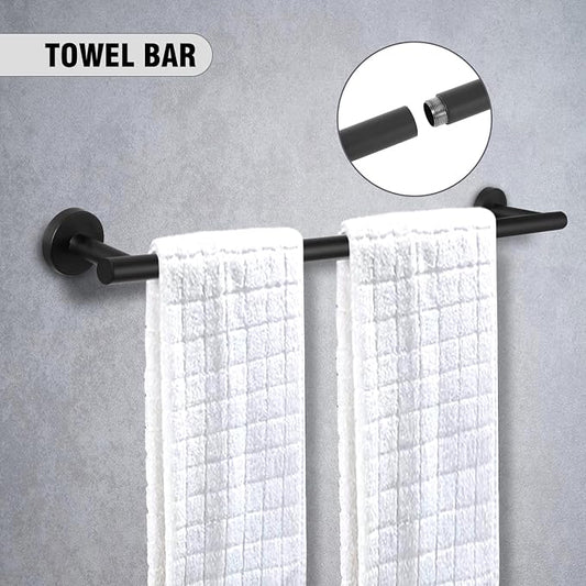 5 Piece Modern Style Wall Mounted Bathroom Hardware Set | #304 Stainless Steel, 24" Towel Bar Mount, Towel Rings, L Shape Toilet Paper Holder, Bathrobe Hook (Matt Black)