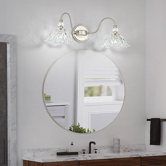Brushed Nickel Bathroom Vanity Light, 2-Light Vanity Light with Floral Clear Glass Shades, Nickel Wall Mount Lighting for Bathroom, Dressing Table
