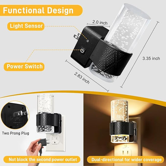 LED Night Light Plug in Wall - 2 Pack Nightlight with Dusk to Dawn Sensor 0-100LM Brightness Dimmable Lights for Bedroom Bathroom Hallway Kitchen Decor (Black)