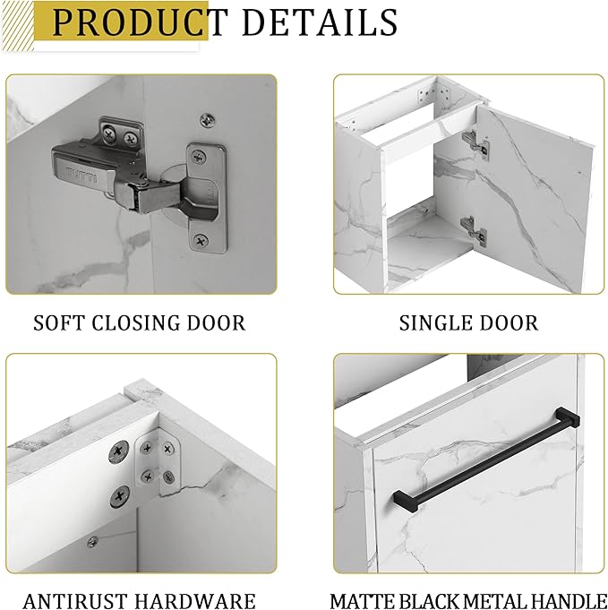 KEIKI 16'' Bathroom Vanity Cabinet with Sink, Wall Mounted Floating Bathroom Vanity with Soft-Close Cabinet Door, for Small Bathroom, Carrara White