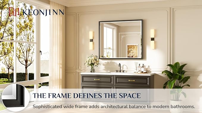 Keonjinn 42" x 36" Black Bathroom Vanity Mirror, Aluminum Alloy Frame | HD Tempered Glass with Beveled Edge, Secure French Cleat, Rectangular Wall Mirror for Over Sink, Hallway, Living Room Decor