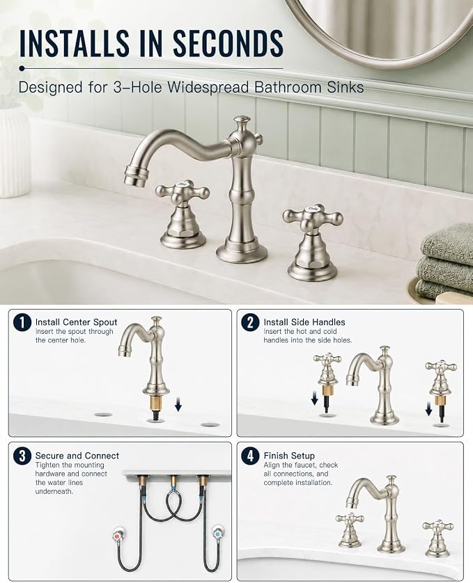 gotonovo Bathroom Faucet 3 Hole Vintage, Brushed Nickel, Script Font Label | Widespread Bathroom Sink Faucet 8 Inch 2 Cross Handles,Pop Up Drain,cUPC Supply Line,4-15.7” Install,for Vanity Farmhouse RV