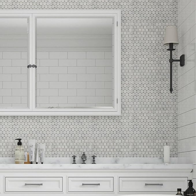 Carrara White Marble Mosaic Tile for Kitchen Bathroom Floor 1 Inch Penny | Water & Heat Resistant Polished Marble Backsplash Tiles for Wall Floor Fireplace Surround Durable Unique Veins 4.8SQFT