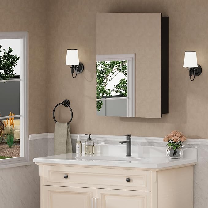 24x30 Inch Medicine Cabinet with Mirror, Recessed or Surface Mounted Bathroom Cabinets for Storage, 2 Fully Adjustable Tempered Glass Shelves, Soft-close DTC Hinges, HD Reflection Mirror Door, Black