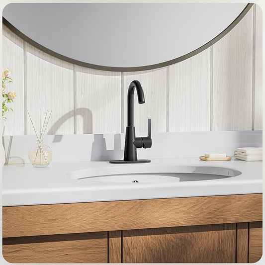 Phiestina Single Hole Matte Black Single-Handle 4 Inch Bathroom Sink Faucet with Deck Plate and Supply Hoses, Bar Sink Faucet/Pre-Kitchen Sink Faucet with 360° Rotation Spout, WE10E-MB