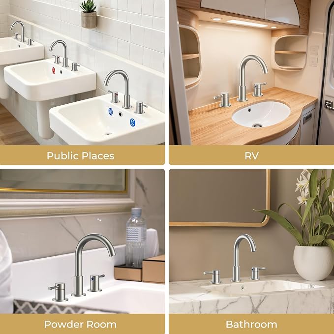 FORIOUS Bathroom Faucet 3 Hole, 360° Swivel 8" Sink Faucet Brushed Nickel | with Pop Up Drain, 2 Handles,for Sink Vanity RV Lavatory Farmhouse, 304 Stainless Steel, Lead-free, Leakproof