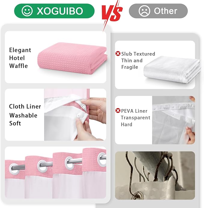 No Hook Shower Curtain with Liner Set Hotel Waffle Blush Pink 72W X 75L | Washable Snap in Fabric Liner, Mesh Top Window, Waffle Hotel Style Shower Curtain Set