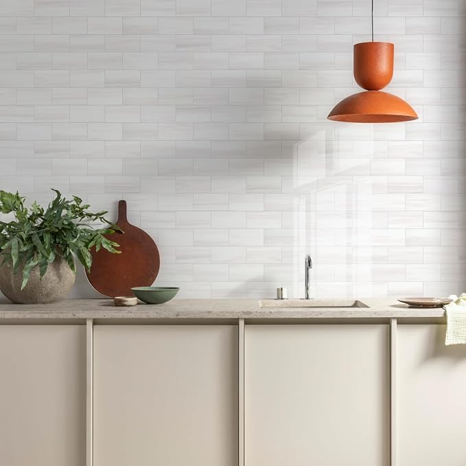 Vamos Tile 4-Piece Glossy Dolomite White Peel and Stick Backsplash Tile | 3''x6'' PVC Subway Tile with White Grout, Stick on Backsplash for Kitchen/Bathroom/Fireplace/Laundry/Camper