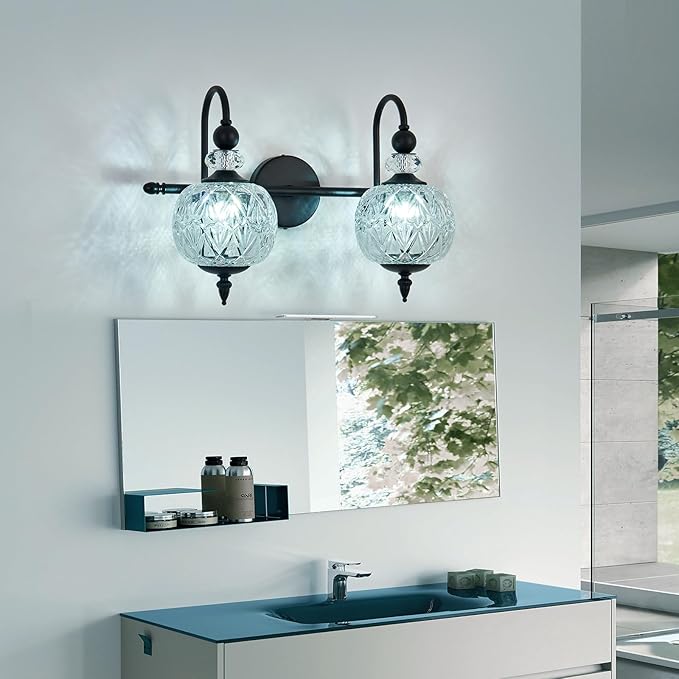 Vintage Bathroom Light Fixtures Black Vanity Light with Glass Globe LampShade 2 Lights Mid Century G9 Bulb Wall Sconce Indoor Vanity Light Over Mirror for Kitchen Bedroom Farmhouse