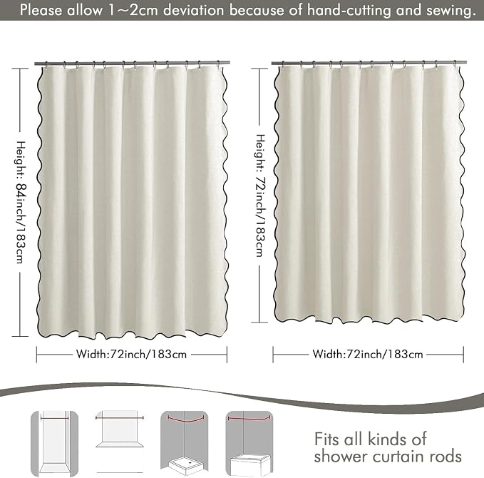 MIULEE 72"x84" Extra Long Scalloped Linen Shower Curtain Birch | Linen Textured, Waterproof, Washable, 12 Metal Hooks, Heavy Duty Cloth, Black Border, Shower Curtain for Bathroom Bathtub