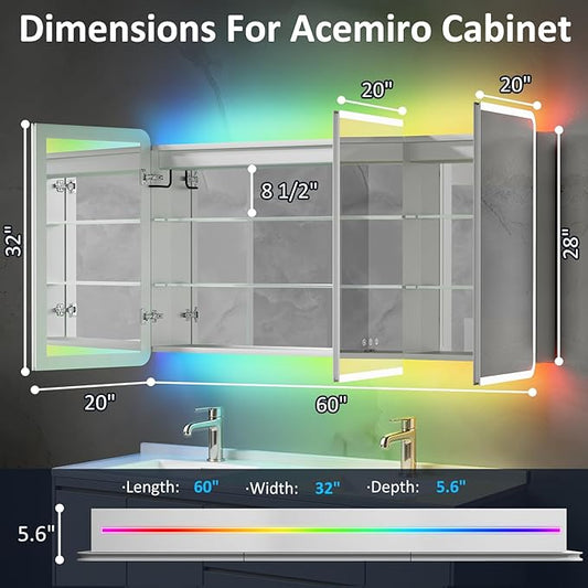 60×32 Inch Lighted Medicine Cabinet with Mirror, RGB Backlit LED Medicine Cabinet with 3-Color Front Lights, Bathroom Mirrored Cabinet with Electrical Outlet, Defogger, Three Door