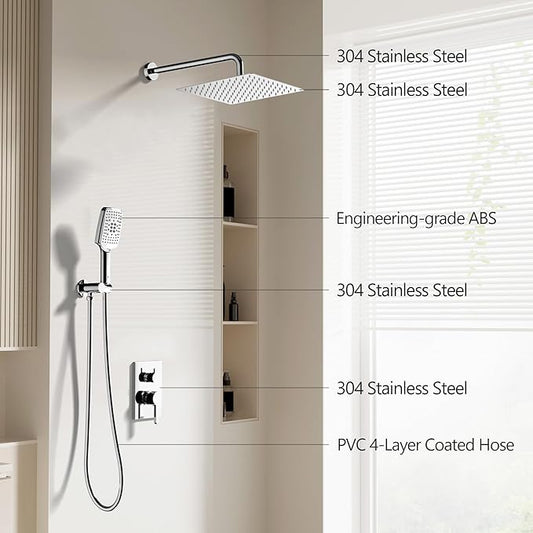 Shower Faucet Set - 12 inches Rain Shower System with 6 Function Handheld Shower Head Rough in Pressure Balance Valve Kit - Stainless Steel Bathroom Shower Kit Complete (Polished Chrome)