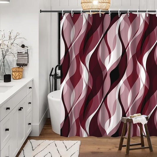 Burgundy Shower Curtain, Modern Abstract Ombre Burgundy Striped Shower Curtain Set for Bathroom Waterproof Shower Curtain with Hooks, 72x96 Inch