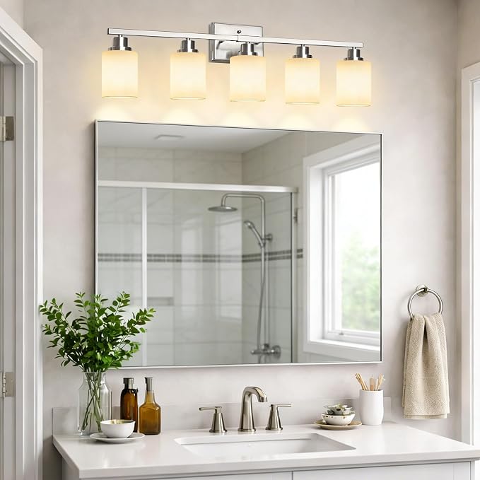 Unicozin 5-Light Bathroom Light Fixtures, Modern Brushed Nickel Vanity Light Over Mirror, Wall Sconces with Milky White Glass Shades for Living Room Bedroom Hallway E26 Base