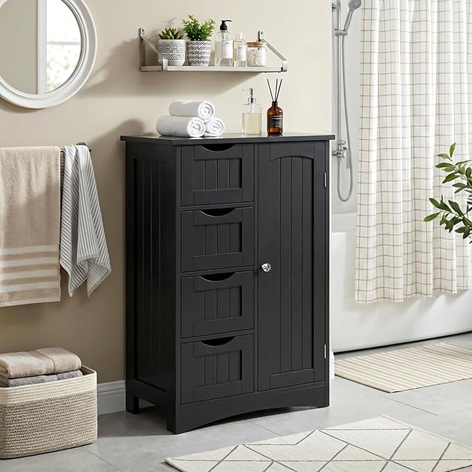 SUPER DEAL Bathroom Storage Cabinet with 4 Drawers and 1 Cupboard, Entryway Home Decor Furniture Towels Storage Organizer Unit, Black