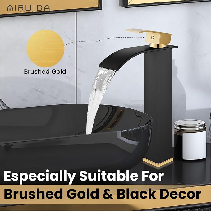 Airuida Vessel Sink Faucet, Black&Gold Tall Waterfall Bathroom Faucet | Single Handle,Tall Bathroom Faucet 1 Hole,Vanity Faucet,without Drain,Bowl Bathroom Faucet