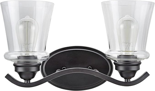Aspen Creative 62116-2, Two-Light Metal Bathroom Vanity Wall Light Fixture, 15 1/2" Wide, Transitional Design in Oil Rubbed Bronze with Clear Glass Shade