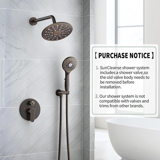 SunCleanse Oil Rubbed Bronze 8.5'' Shower System w/Handheld & Valve Kit | 2-IN-1 Shower Faucet Set, 7-setting Handheld Shower Head, Rough-in Pressure-balanced Valve and Trim Kit