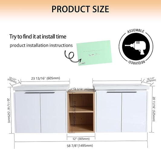 60" Bathroom Vanity with Sink, 60 Inch Floating Bathroom Vanity, Double Sink Bathroom Vanity Combo, White Wall Mounted Cabinet Set
