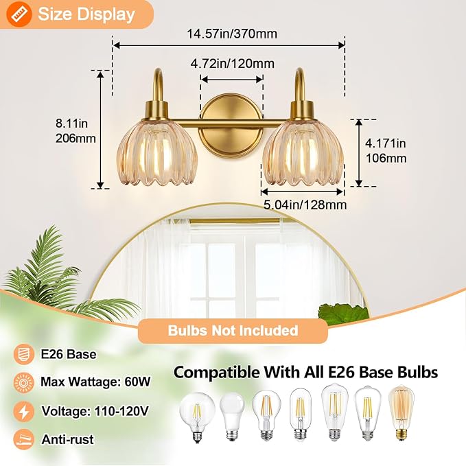 Bathroom Light Fixtures, 2-Light Brushed Gold Vanity Lights for Bathroom with Ribbed Amber Tulip Glass Shade, Vanity Lights Over Mirror for Bedroom, Living Room, Hallway