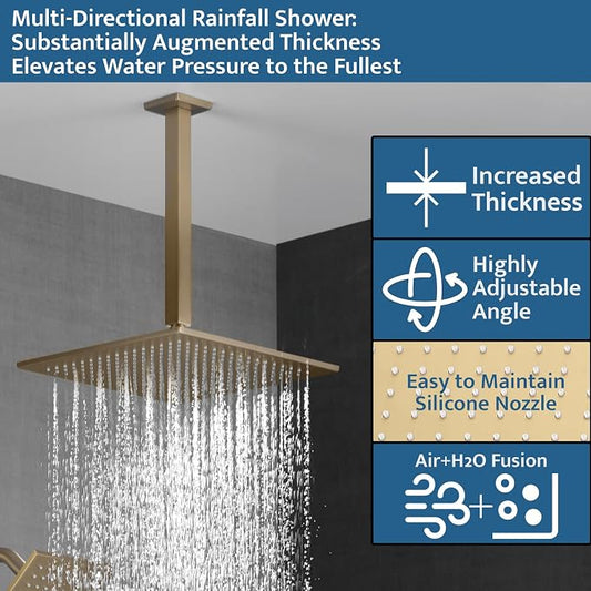 Thermostatic Shower System Brushed Gold, Push Button Diverter Shower Faucet with 2 in 1 Handheld, Ceiling Mount 12 Inch Shower Head with 6 Inch Wall Mount Shower Head