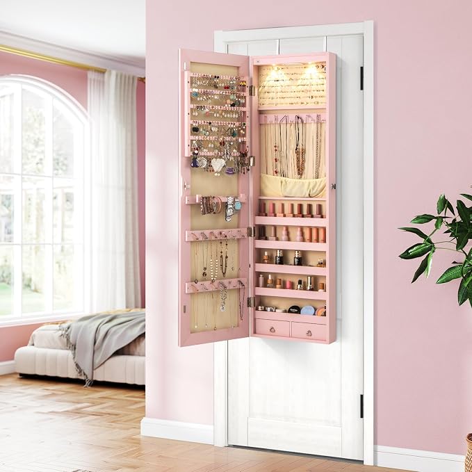 LDAILY Jewelry Armoire Wall or Door Mounted, Full-Length Mirror with Storage, Lockable Mirror Jewelry Cabinet w/ 2 Drawers, LED Lights, Over the Door Jewelry Organizer Box for Women Girls