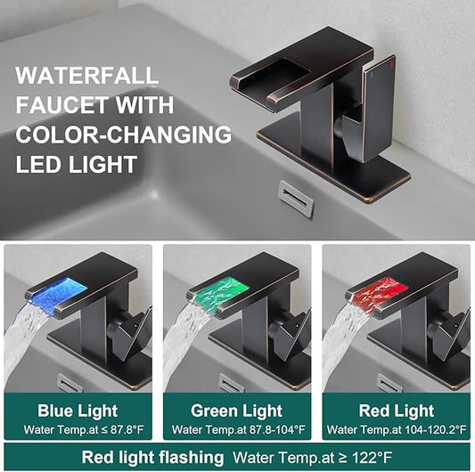 Hoimpro LED Waterfall Bathroom Faucet Oil Rubbed Bronze, Single Handle Bathroom Sink Faucet 1 Hole, 3 Colors Light Changing, with Pop-up Drain and cUPC Supply Lines, Stainless Steel