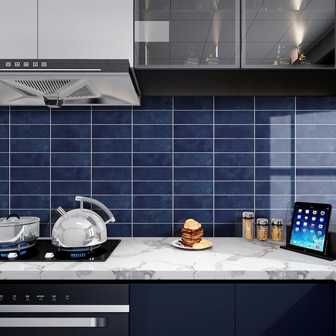 Tilingview 30 PCS Peel and Stick Backsplash Tile for Kitchen/Bathroom/Living Room, 3"x 9" Self-Adhesive Subway Tile for Backsplash, Imitation Glazed Tiles/Handmade Tiles (Glossy Navy Blue)