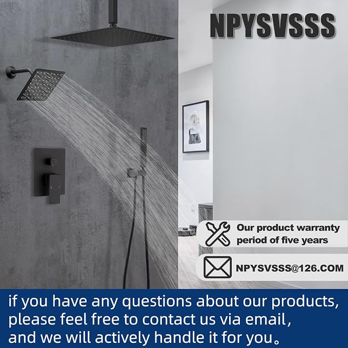 Shower System Dual Shower Heads with 12" Ceiling Mounted Rain Shower Head & 6" Wall Mounted Head Full Body Luxury Rain Shower System 3 Way Pressure Balance Valve Kit, Matte Black