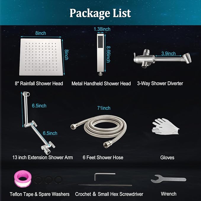 All Metal For California Rain Shower Head with Handheld Spray Combo, YDmeet 8 Inch Rainfall Shower Head, 14" Adjustable Extended Arm, Stainless Steel Handheld, 3 Way Diverter, 71" Hose, Brushed Nickel