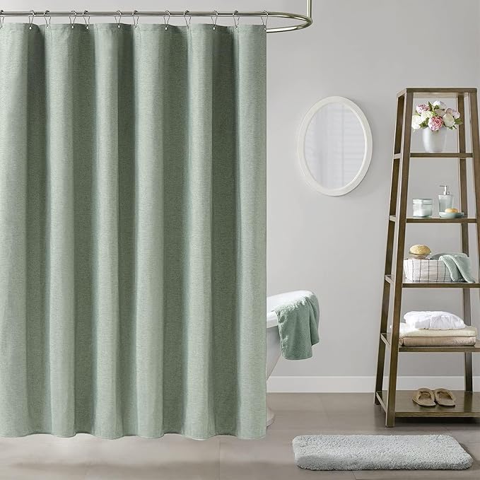 60x84 Long Linen Textured Waterproof Shower Curtain Set, Sage Green | Narrow Long Size, 230GSM Waterproof Polyester, Heavy Duty Cloth, Weighted Hem, 10 Hooks, Modern Hotel Style, Machine Washable
