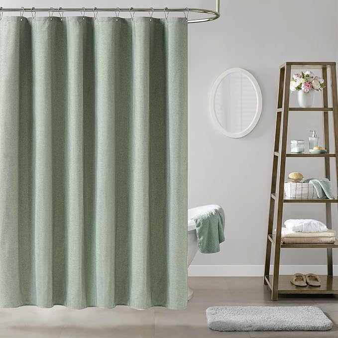 48x72 Linen Textured Waterproof Fabric Shower Curtain Set, Sage Green | Stall Size, 230GSM Polyester, Heavy Duty Cloth, Weighted Hem, 8 Plastic Hooks, Modern Luxury Hotel Style, Machine Washable