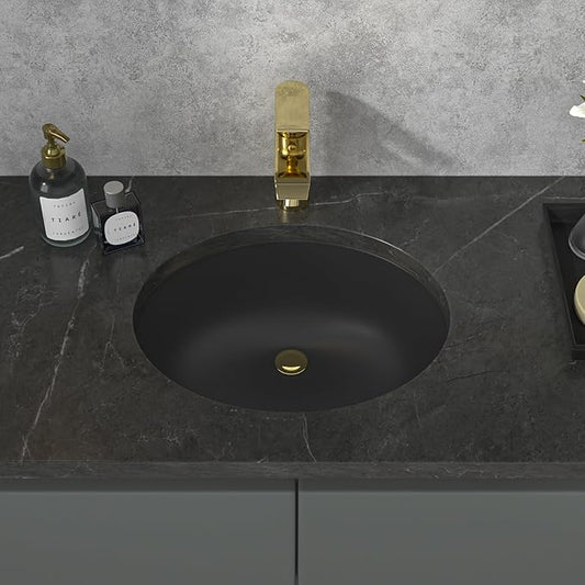 Sarlai Black Undermount Bathroom Sink -18 x15 inch Oval Vessel Sink Under counter Lavatory Sink Black Ceramic Vanity with Overflow, Modern Art Basin, Interior Dimension 16-1/7 x 13 Inch