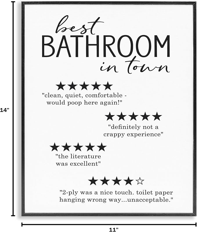 Stupell Industries 'Best Bathroom Five Star Reviews Funny Bath Phrases', Framed Giclee Art, Black, 11 x 14 Inches, Easy to Hang and Sturdy, Made in USA, by Lettered and Lined