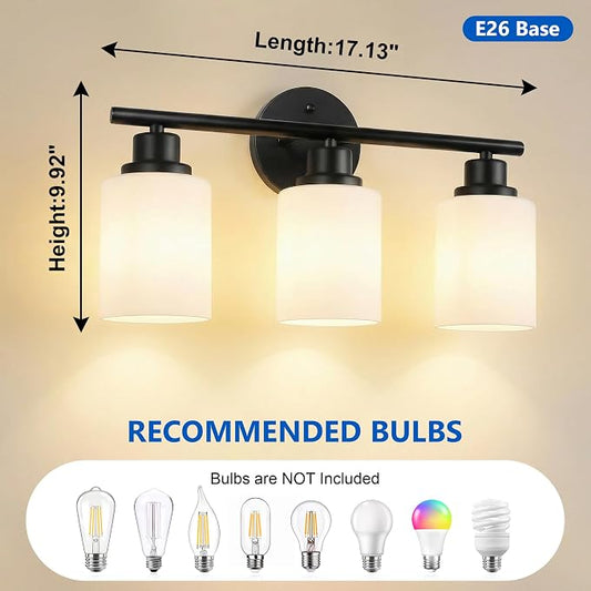 3 Light Bathroom Light Fixtures, Modern Vanity Lights with Milky Glass Shade, Black Wall Lamp Over Mirror for Bathroom, Living Room, Cabinet, Bedroom, E26 Base