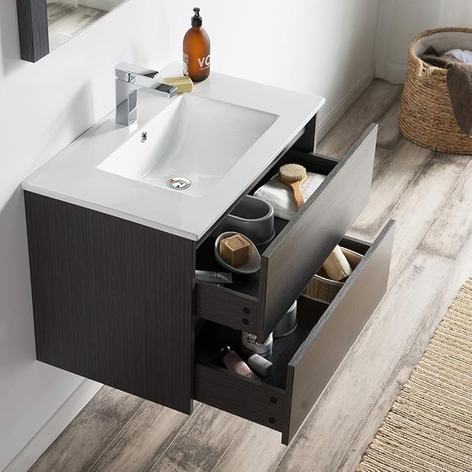 Blossom 30 Inch Bathroom Vanity with Sink - All Wood Floating Vanity Cabinet with Ceramic Sink - 2 Soft-Closing U-Shaped Cutout Drawers - Modern Bathroom Storage Vanities, Silver Grey Finish
