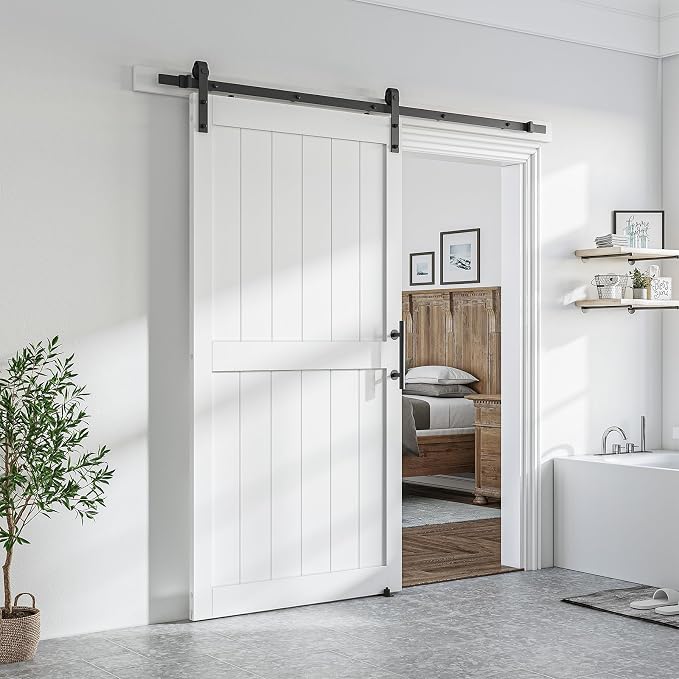SMARTSTANDARD 40" x 84" White Sliding Barn Door with 7FT Black Hardware | Pre-Drilled Ready to Assemble, Waterproof PVC Coating, H-Frame
