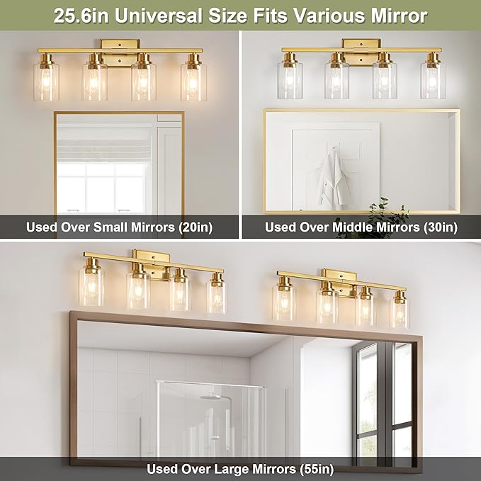 Modern Bathroom Light Fixtures, 4 Light Vanity Lights Over Mirror, Gold Wall Lamp with Clear Glass for Living Room Cabinet Bedroom Porch Powder Room