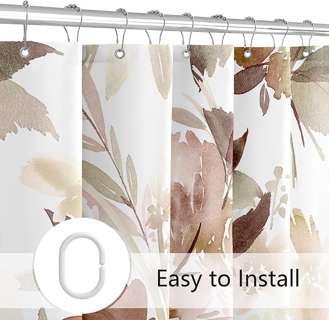 MAYZUS Extra Long Shower Curtain 72 x 84 Inch, Tall Brown Floral Decor | Watercolor Floral Modern Abstract Flower Bathroom Fabric Shower Curtain Set with Hooks