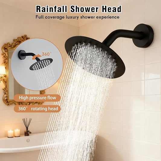 Matte Black Shower Faucet Set with 6 Inch Rainfall Showerhead, Shower Valve Kit for Bathroom Stainless Steel Black Showerhead and Handle Set