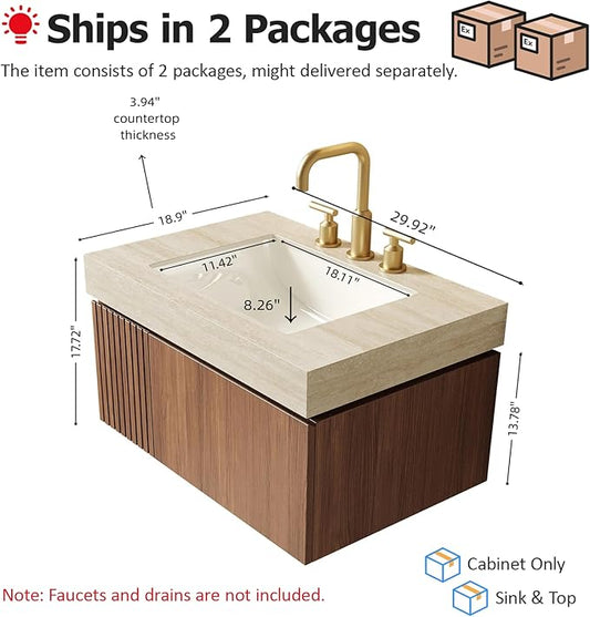 30 Inch Floating Bathroom Vanity with Sink, Plywood Bathroom Storage Cabinet with Drawer and Door, Light Yellow Sintered Stone Top with 3 Pre-drilled Faucet Holes White Basin, Pre-Assembled, Light Oak