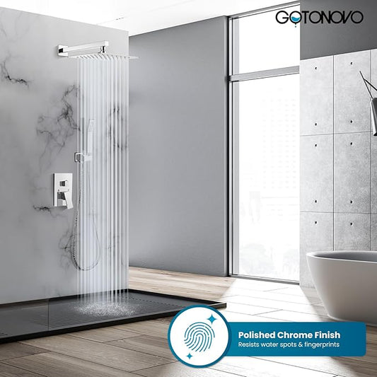 gotonovo Shower Faucet Set with Handheld Spray Polished Chrome,12'' Head | SUS304 Rainfall Shower Head and Handle Set System Fixture,Pressure Balance Valve Trim Kit,Single Handle,Wall Mount,All Metal